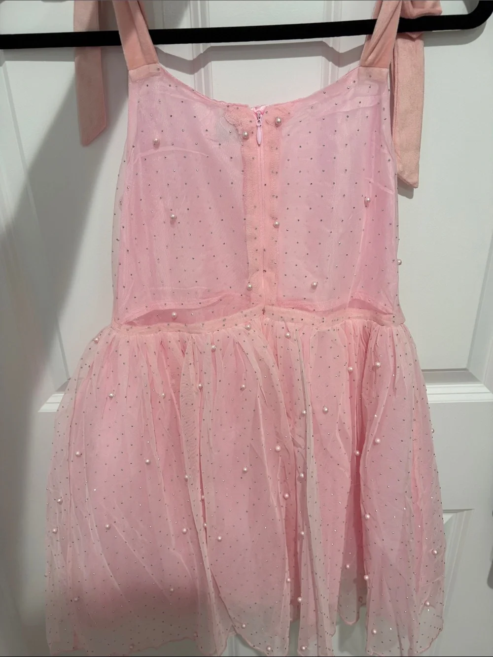 Lola + The Boys Pink Crystal Pearl Tule Tan Dress in Pink
